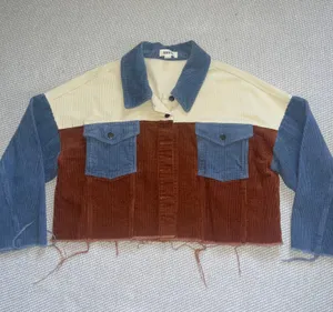 Fashion On Earth Womens Corduroy Blue Cream Brown Colorblock Cut Off Jean Jacket thumbnail 1