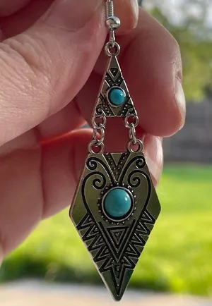 Turquoise Diamond Silvertone long drop earrings gift wife mom girlfriend new thumbnail 3