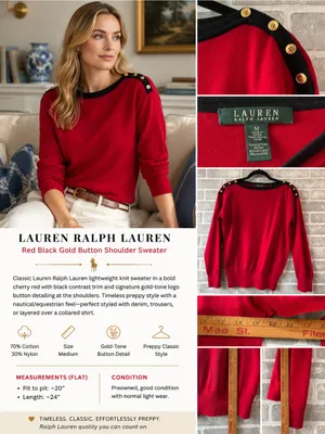 Lauren‎ Ralph Lauren Red Black Gold Button Shoulder Sweater Med Preppy Nautical thumbnail 2