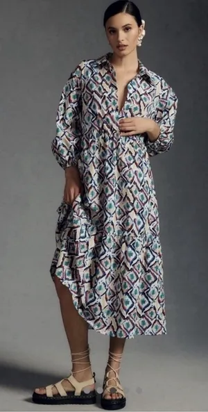 Anthropologie Maeve The Bettina Tiered Midi Maxi Shirt Dress Ikat Boho XS thumbnail 1