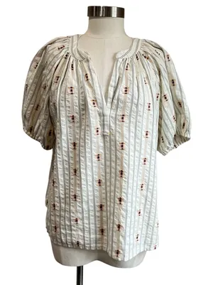LOFT Clip Stripe Peasant Blouse M Puff Sleeve Boho Textured Feminine Top‎ thumbnail 1