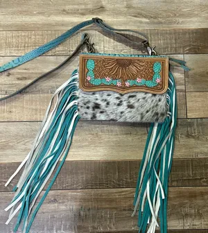 Myra Bag Turquoise and Brown Fringe Crossbody thumbnail 1