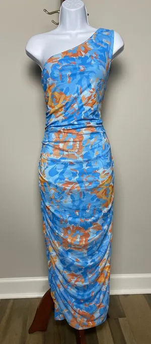 Pretty Garden One‑Shoulder Bodycon Dress Size L Light Blue Orange Accents thumbnail 1