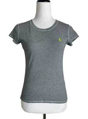 Ralph Lauren Striped Crew Neck T-Shirt Black White Pony Logo Womens Small Preppy thumbnail 1