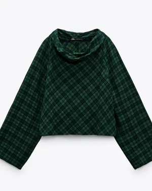 Zara Blue Green Plaid Drape Neck Blouse Shirt Top Preppy Lightweight S thumbnail 2