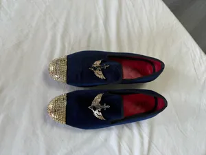 JITAI Men's Navy Blue Velvet Loafers - Gold Spiked Toe & Winged Sword Emblem - Size 10 thumbnail 8
