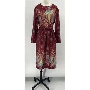 Vintage 70s Floral Print Matching Skirt Set Button Neck Tunic Midi Maroon Small thumbnail 3