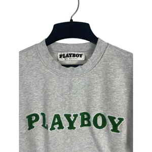 Playboy by PacSun Y2K Gray Crewneck Sweatshirt S Green Textured Logo Pullover thumbnail 2