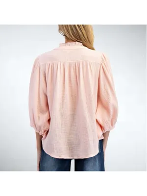 Size S Easel Los Angeles Embroidered Cotton Gauze Shirt Top in Blush thumbnail 3