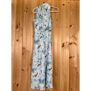 NWT Lulus Distinctive Charm Blue Floral Satin Asymmetrical Midi Dress Party XS thumbnail 2