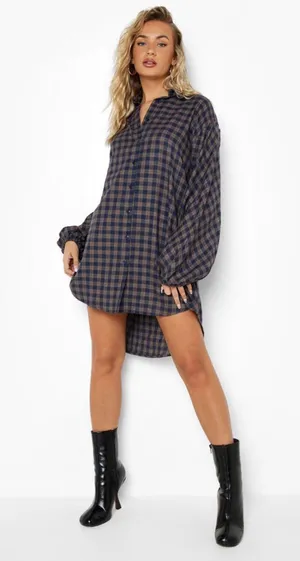 Boohoo Plaid Flannel Dress Balloon Sleeve thumbnail 1