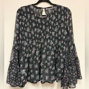 American Eagle Dark Floral Smocked Bell Sleeve Top Whimsigoth Fairy 70s Blouse M thumbnail 12