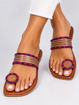 Kolhapuri Chappals Hand Embroidered Leather Flat Sandals Toe Ring 9 Brown thumbnail 2