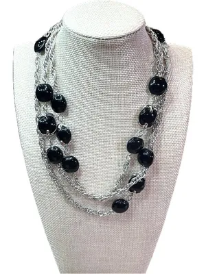 INC International Concepts Vintage Y2K Long Silver Tone Rope Chain Black Cabocho thumbnail 6