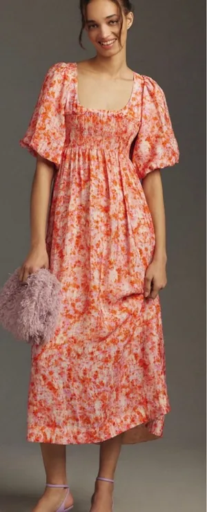 Anthropologie Smocked Babydoll Midi Dress Pink Orange Floral M Medium thumbnail 1