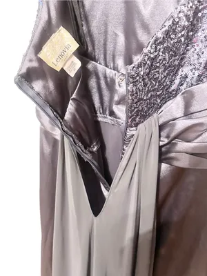 Vintage Lenovia Y2K Charcoal Gray Halter Formal Dress Gown Sequin Ruched thumbnail 7