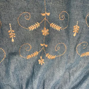 Passports Embroidered Denim Maxi Skirt XL Blue Cotton Tiered Boho Cottagecore thumbnail 2