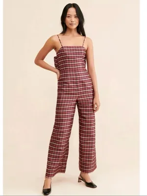 Anthropologie Hutch Plaid Bow Jumpsuit in Red 8 Classic Preppy Holiday Festive thumbnail 7