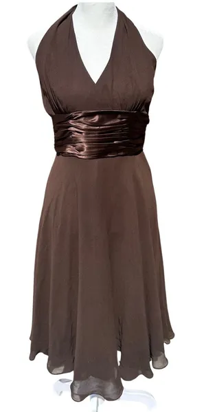 Maggy London Brown 100% Silk Halter Midi Dress Satin Waist Bow Sz 6 Vintage thumbnail 1