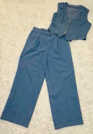 Wide Leg High-Waist Pants & Vest Set in Dusty Blue. L (see thumbnail 2