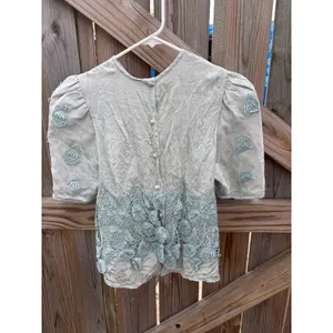 Vintage Blouse Cottagecore Sage Green Lace Applique Puff Sleeve Small‎ thumbnail 6