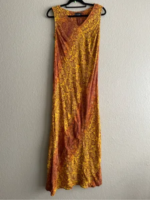 Vintage Gabrielle Orange Brown Paisley Sleeveless Maxi Dress Bohemian Fall Artsy thumbnail 3