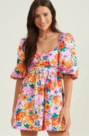 Altar'd State “candela” Pink & Orange Floral Puff-Sleeve Mini Dress XS nwt‎ thumbnail 1