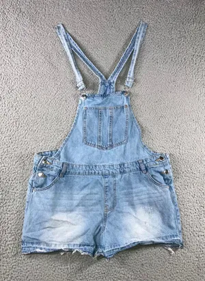 Denim Shorts Overalls Women M 10 Light Wash Distressed Raw Hem Shortalls Y2K 90s thumbnail 1