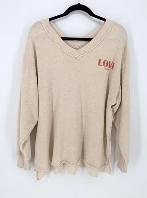 Aerie Women Small Love This Moment Graphic V-Neck‎ Oversized Sweatshirt Top thumbnail 1