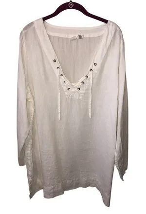 Linen Peasant Top Size 1X White Tunic Long Sleeve Grommet Lace Up Neckline Plus thumbnail 1