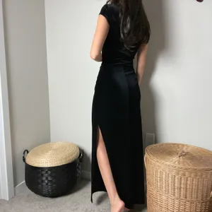 vintage 90s black velvet floral glitter boatneck fitted slit maxi dress gown thumbnail 4