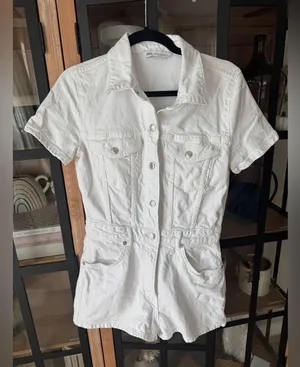Zara denim playsuit romper button up utility short sleeves white cream collar thumbnail 1