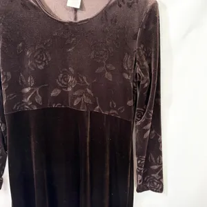 VTG Dress Brown Velvet Burnout Sz 12 Rose Print‎ A-Line Y2K 90s Long Sleeve 1590 thumbnail 7