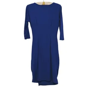 VERSE Womens Ruched Midi Cocktail Dress S Navy Blue Career Stretch Modern Event thumbnail 2