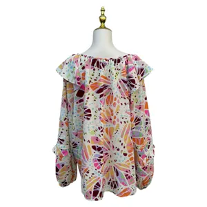 Oddy Shirt Sz 2X Colorful Ruffle‎ Puff Sleeve Blouse Pink Whimsical Relaxed Boho thumbnail 5