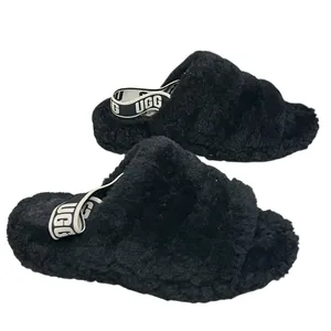 Ugg Fluff Yeah Slide Slippers Womens 8 Black Plush Sheepskin‎ Logo Soft Fur Cozy thumbnail 4