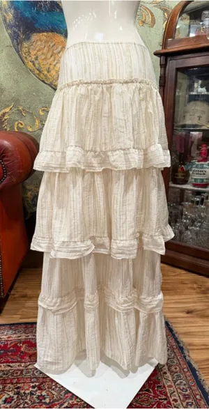 SHEIN Boho Tiered Maxi Skirt Large Tan Cream Striped Cottagecore Coastal Ruffle thumbnail 1