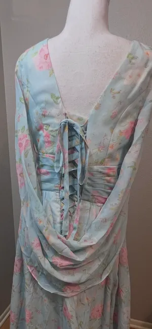 Boutique #3-15 Aqua floral  drape back dress. thumbnail 7