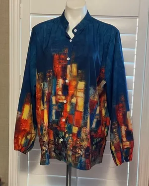 Women's Abstract Button Down Shirt - Blue and Orange thumbnail 1