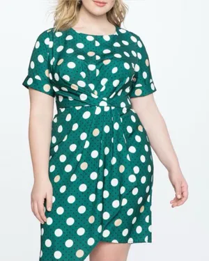 NWT Eloquii Green Polka Dot Ruched Short Sleeve Dress thumbnail 1