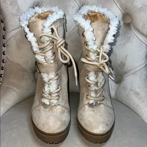 Express Beige Heeled Boots with Faux‎ Fur thumbnail 4