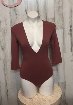 Rust Brown Deep V-Neck Long Sleeve Bodysuit – Size Small thumbnail 1