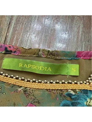 Rapsodia Boho Floral Mini Dress Square Neck Gold Beaded Trim Size S Puff Sleeve thumbnail 9