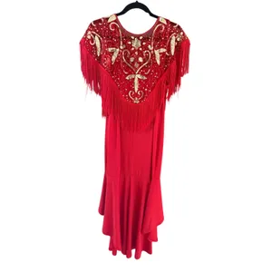 Vintage Red Fringe Sequin High Low Gown Gold Beaded Formal Dress Performance thumbnail 3