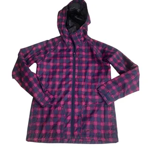 Burton Womens Plaid Hooded Rain Jacket Pink Navy Blue Mesh Lined Pit Zips Sz SM thumbnail 1