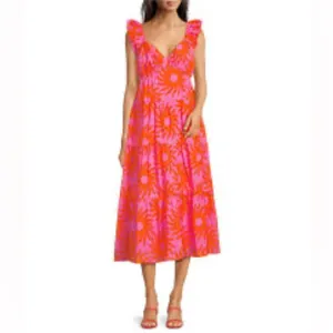 J. Marie Sun Print Tiered Midi Dress NWT Pink Orange Ruffle Summer Dress Size L thumbnail 2