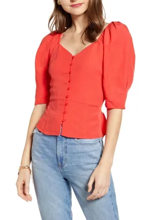 Something Navy Womens Red Linen Blend Puff Sleeve‎ Button Front Peplum Blouse S thumbnail 1
