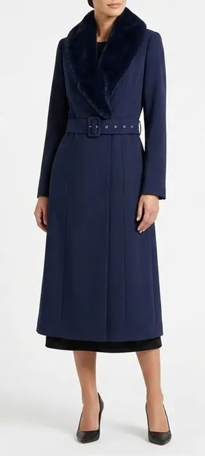 Naked Wardrobe The Statement Trench Coat Womens XS Navy Fur Trim Lined Stretch thumbnail 1