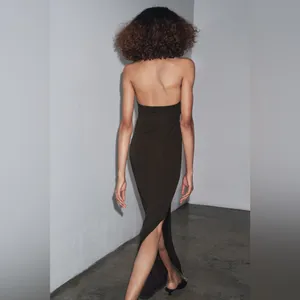NWT Zara Halter Slit Long Dress With Flower Chocolate Brown Color Size S/XS thumbnail 5
