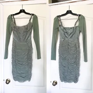 House Of CB Dress Freyja Gathered Corset Ruched Satin Mesh Knee Green‎ Small EUC thumbnail 2